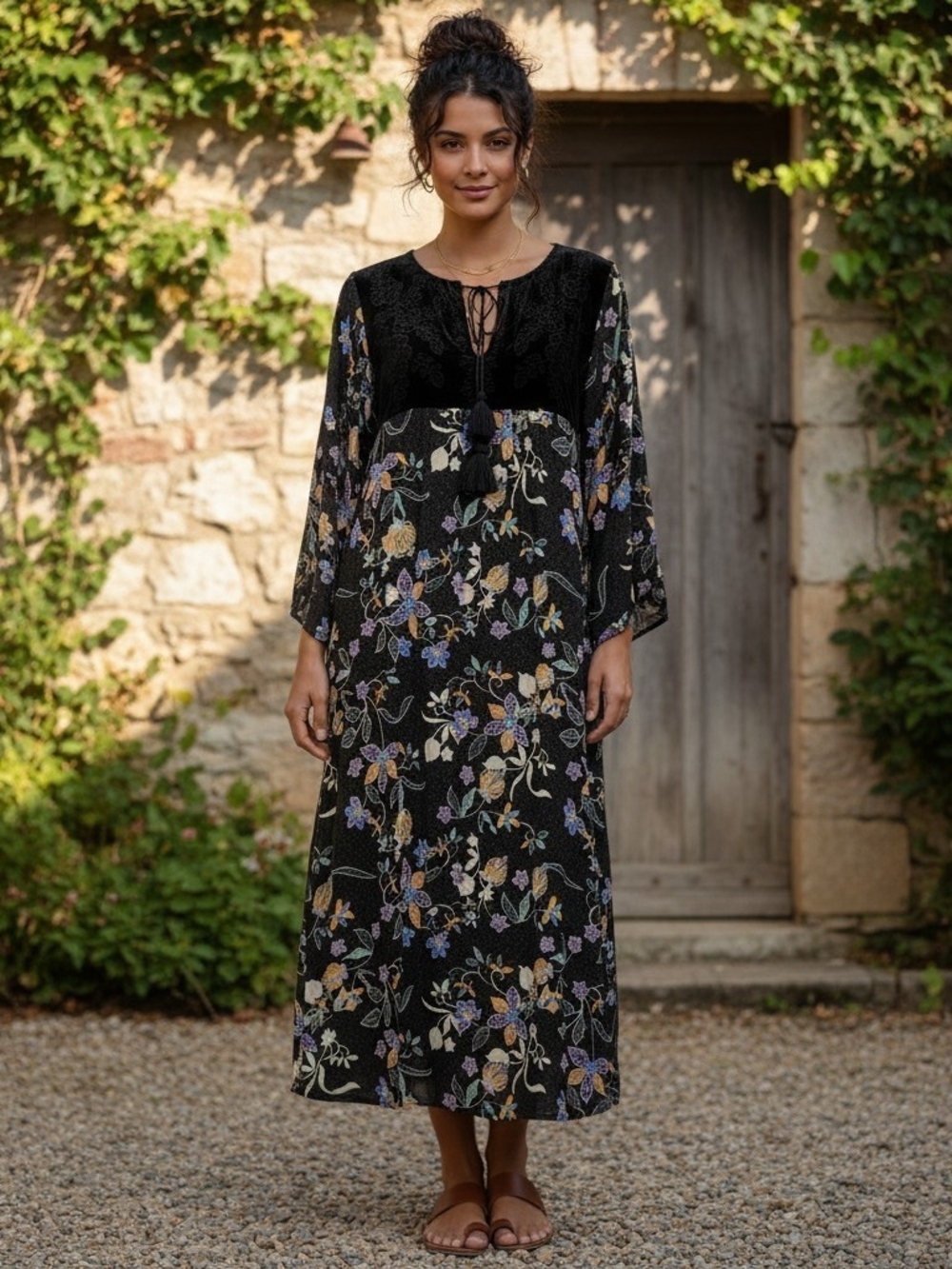 Johnny Was Jade Remi Yoke Silk Velvet Black Floral Boho Midi Dress Size Small